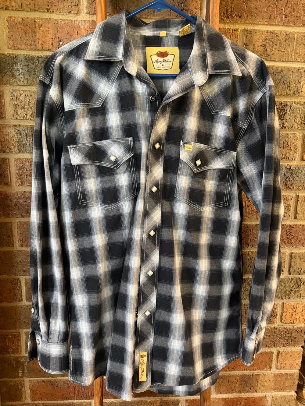 Pearl Snap Larry Mahan Black Plaid Western Shirt with Silver Threads